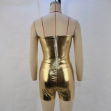 Women PU-leather metallic body shaping Strapless Top and Casual shorts two-piece set