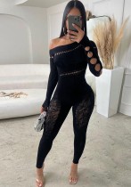 Women's One-Piece Autumn And Winter Slash Shoulder Hollow Long Sleeve Sexy Jumpsuit