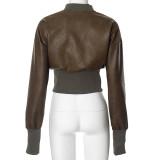 Women's Autumn And Winter Solid Color Casual Zipper Pu Leather Long Sleeve Jacket Top
