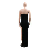 Fashion Sexy Strapless High Slit Solid Color Beaded Dress For Women