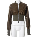 Women's Autumn And Winter Solid Color Casual Zipper Pu Leather Long Sleeve Jacket Top