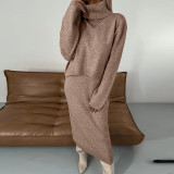 Solid Color Turtleneck Bodycon Two-Piece Autumn And Winter Knitting Skirt Set For Women