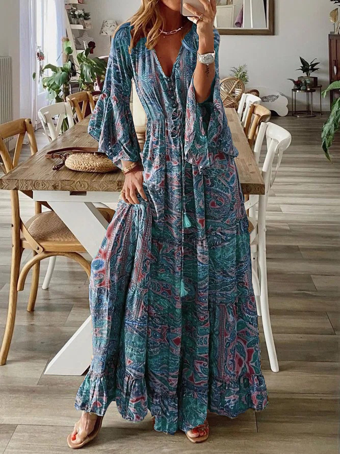 Wholesale Women Boho Bell Bottom Sleeve Printed V Neck Holidays