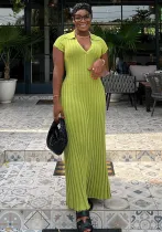 Women Casual Turndown Collar V-neck Ribbed Knitting Maxi Dress