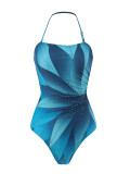 Women French Leaf Print Halter Neck One-piece Swimsuit and Skirt Two-piece Set