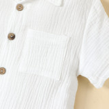 Boys summer linen Casual short-sleeved Turndown Collar Polo shirt Solid and Shorts two-piece set
