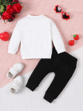 Girls Heart Print Letter printed white long-sleeved T-shirt + black trousers two-piece set