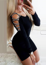 Women Sexy Beaded Round Neck Long Sleeve Solid Dress