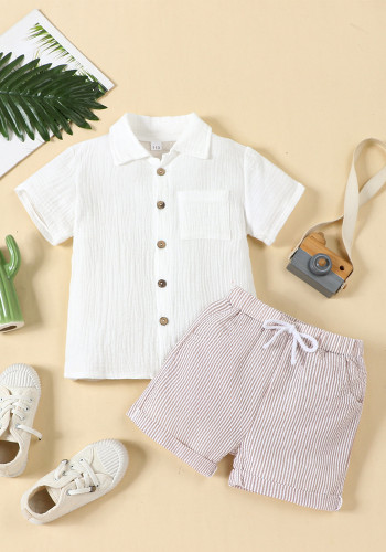Boys summer linen Casual short-sleeved Turndown Collar Polo shirt Solid and Shorts two-piece set