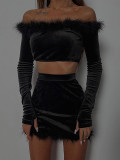 Women Winter Off Shoulder Furry velvet Crop Top and Bodycon Mini Skirt Two-piece Set