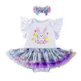 Girls Easter Cartoon Rabbit Dress with Hair Accessories Two-piece Set