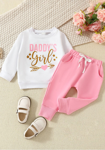 Girls Letter Printed Long Sleeve Round Neck Top + Solid Pants Two-piece Set