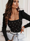 Women Autumn and Winter Solid Beaded Long Sleeve Ribbed Top