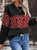 Women Autumn Loose Round Neck Long Sleeve Leopard Patchwork Top