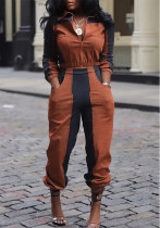 Women Color Block Casual Contrast Color Top and Cargo Pant Two Piece Set