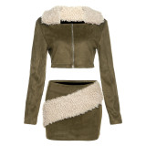 Women Furry zipper jacket and high-waisted Bodycon Skirt two-piece set