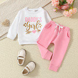 Girls Letter Printed Long Sleeve Round Neck Top + Solid Pants Two-piece Set