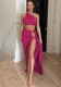 Women Autumn Sexy Backless Strapless Top and Slit Skirt Two-piece Set