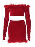 Women Winter Off Shoulder Furry velvet Crop Top and Bodycon Mini Skirt Two-piece Set