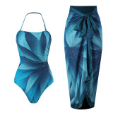 Women French Leaf Print Halter Neck One-piece Swimsuit and Skirt Two-piece Set