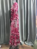 Women Boho Bell Bottom Sleeve Printed V Neck Holidays Maxi Dress