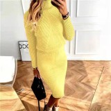Women turtleneck knitting Solid sweater and Skirt two-piece set