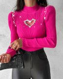 Women Hot drill Heart Print Hollow Sweater