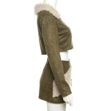 Women Furry zipper jacket and high-waisted Bodycon Skirt two-piece set