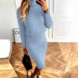 Women turtleneck knitting Solid sweater and Skirt two-piece set