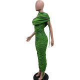 Women Solid Pleated Drawstring Zip Irregular Dress