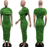 Women Solid Pleated Drawstring Zip Irregular Dress