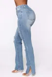 Slit Women's Blue Washed Ripped High Waist Stretch Denim Pants