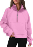 Autumn and Winter Women's Half-Zip Short Stand Collar Plush Solid Color Top
