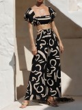 Women's Summer Puff Sleeve Top Hollow Long Swing Skirt Two Pieces Set