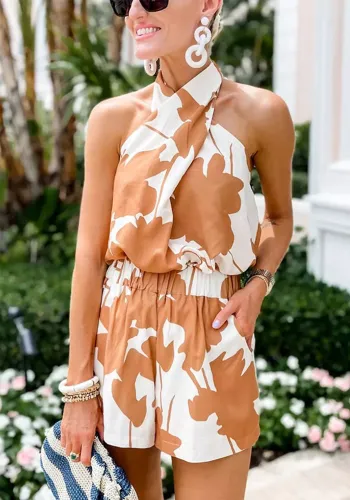 Summer printed Lace-Up Low Back top pocket shorts two-piece set for women