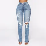 Slit Women's Blue Washed Ripped High Waist Stretch Denim Pants