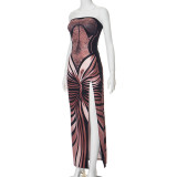 Women's Spring Casual Slit Printed Strapless Sleeveless Slim Dress