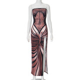 Women's Spring Casual Slit Printed Strapless Sleeveless Slim Dress