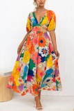 Summer v-neck French printed puff sleeve Casual Holidays dress for women
