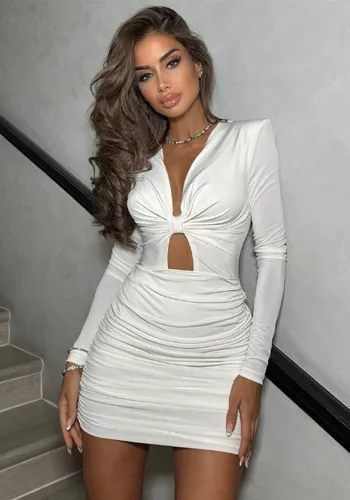 Autumn Chic Elegant Deep V-Neck Hollow Plunging Pleated Long Sleeve Bodycon Women Dress