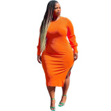 Autumn Plus Size Women's Ribbed Fashionable and Sexy Chic Slim Long Sleeve Round Neck Dress