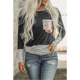 Winter and Spring Striped Print Round Neck Sequin Patchwork Women's T-Shirt
