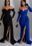 Fashion Women's Solid Color Pleated Low Back Slit Maxi Dress