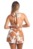 Summer printed Lace-Up Low Back top pocket shorts two-piece set for women