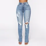 Slit Women's Blue Washed Ripped High Waist Stretch Denim Pants