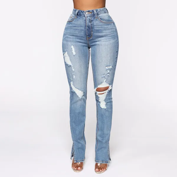 Slit Women's Blue Washed Ripped High Waist Stretch Denim Pants
