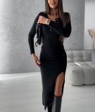 Winter and Spring solid color long-sleeved slit fashionable two-piece Skirt set