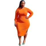 Autumn Plus Size Women's Ribbed Fashionable and Sexy Chic Slim Long Sleeve Round Neck Dress