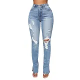Slit Women's Blue Washed Ripped High Waist Stretch Denim Pants