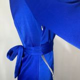 Chic Women's Solid Color V-Neck Metallic Decoration Long Sleeve High Waist Long Dress